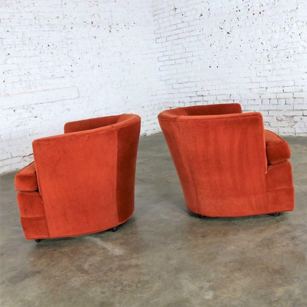 Vintage Petite Pair Hollywood Regency MCM Barrel Chairs in Burnt Orange on Casters