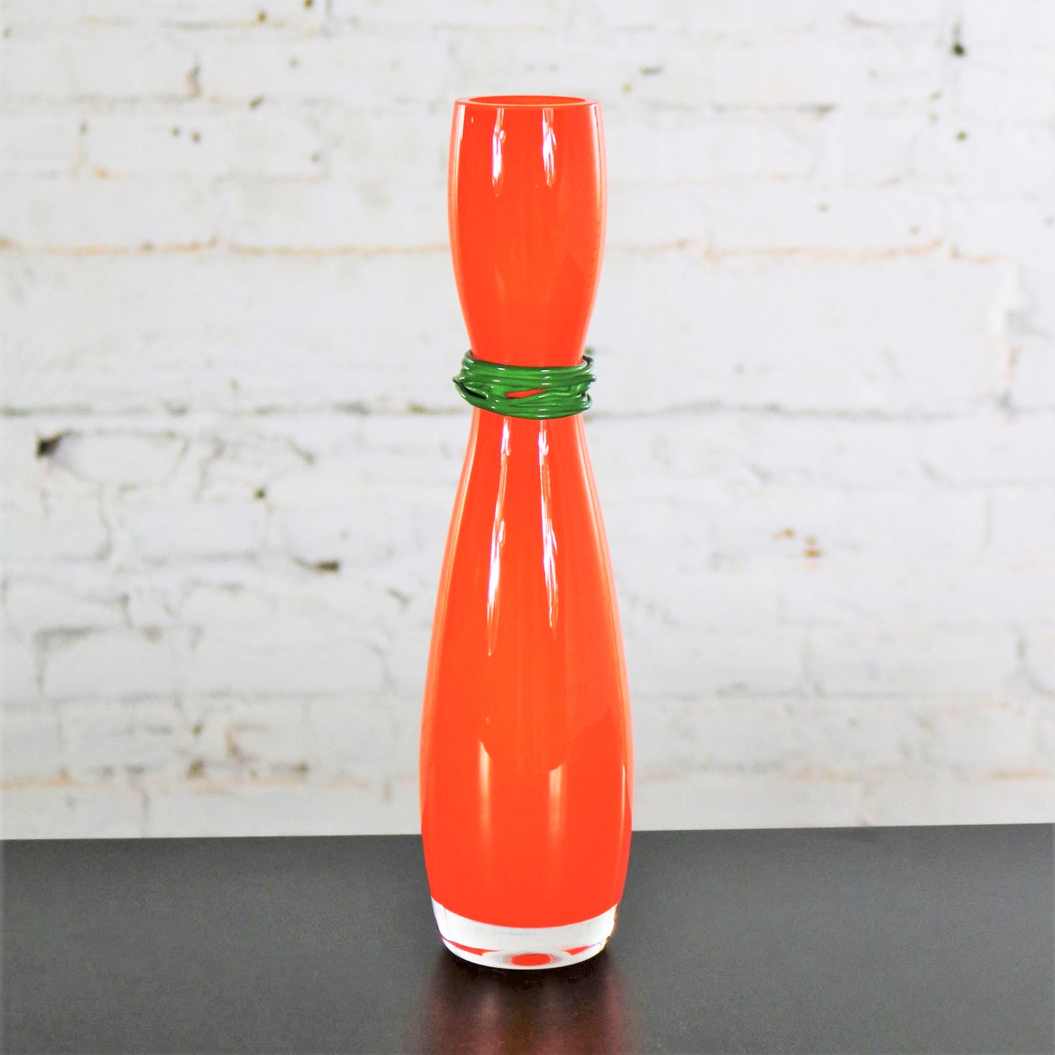 Czech Bohemian Hourglass Glass Vase by Rony Plesl in Orange and Green Signed