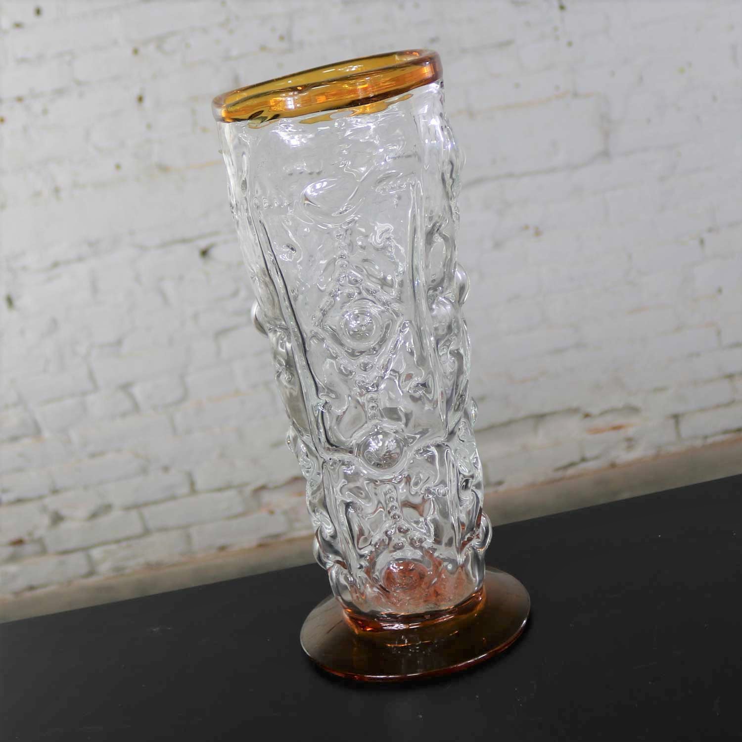 Blenko Hand Blown Glass Vase #9426 in Crystal and Topaz by Hank Adams