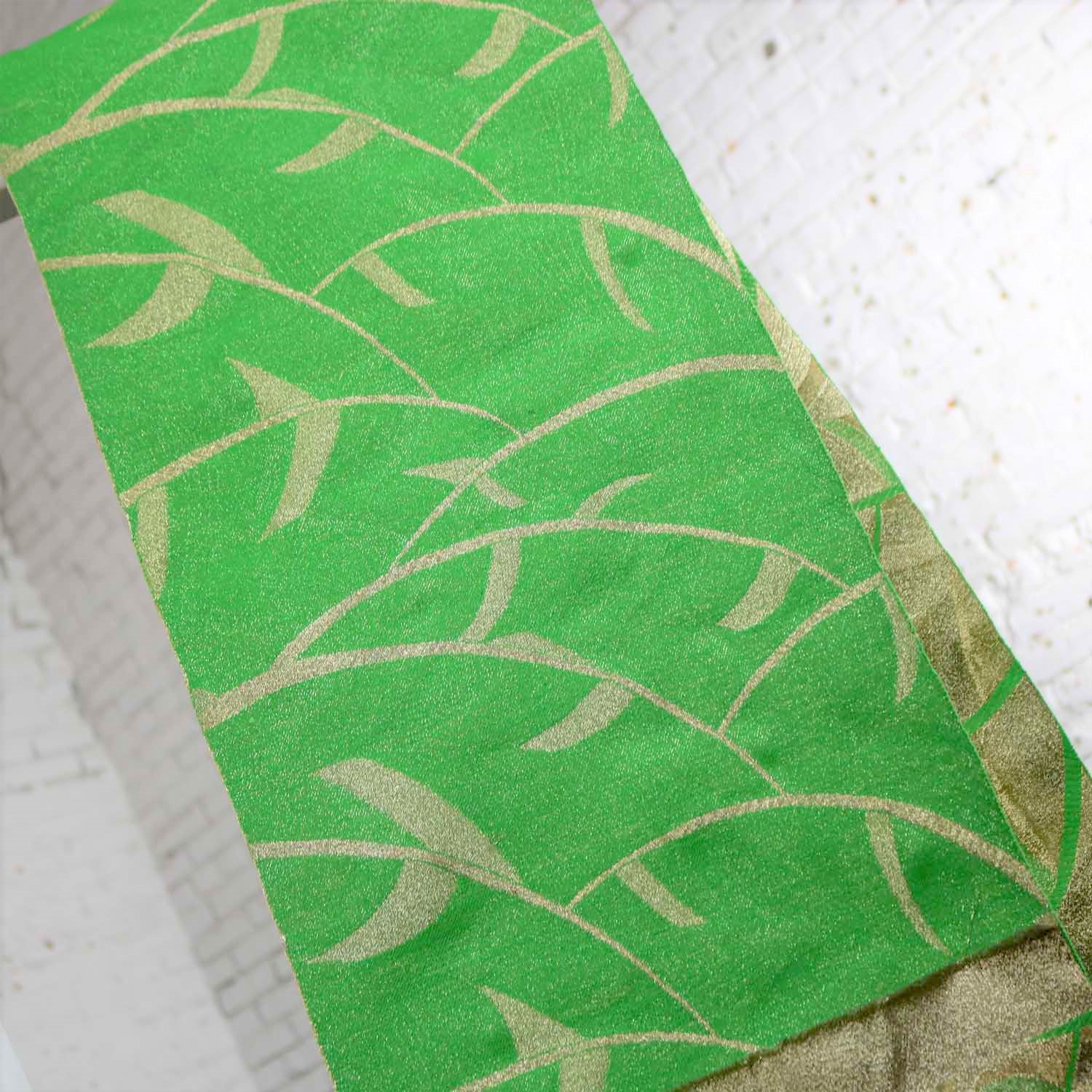 Vintage Emerald Green and Gold Lame Japanese Obi with Geometric Leaf Design