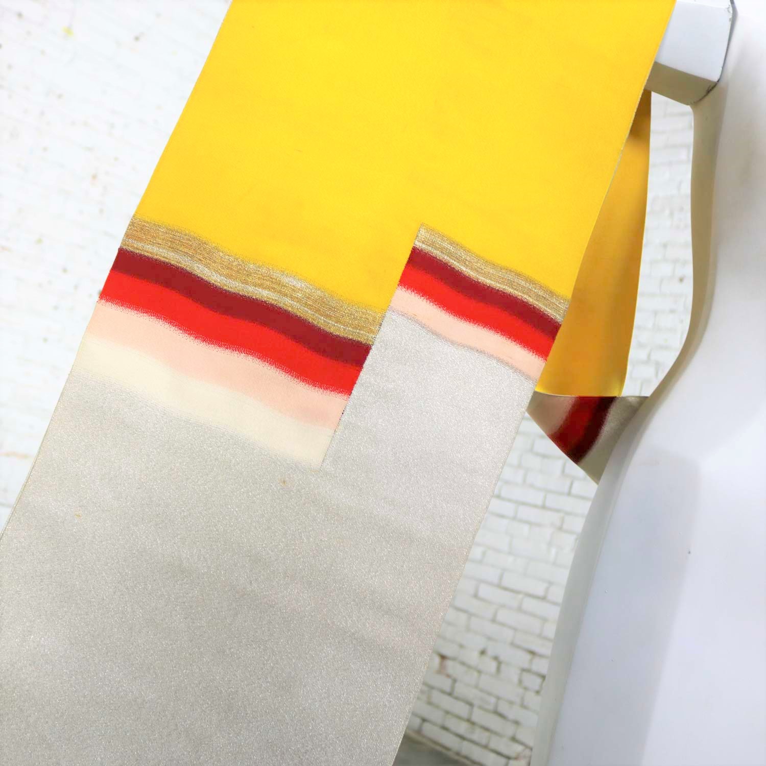 Vintage Silver & Yellow Silk Japanese Obi with Red Gold Orange White Geometric Design