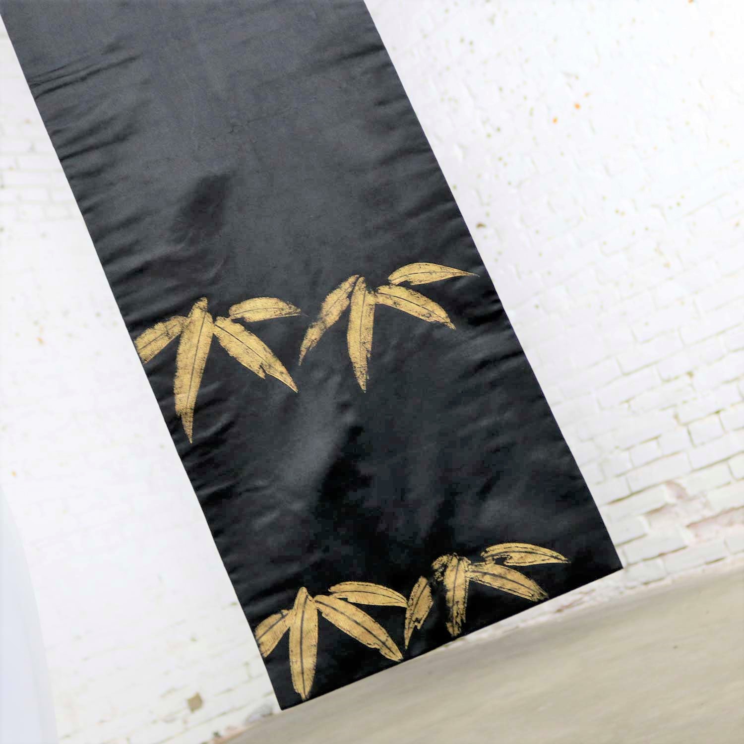 Vintage Black Silk Japanese Obi with Gold Bamboo Hand Painted Design