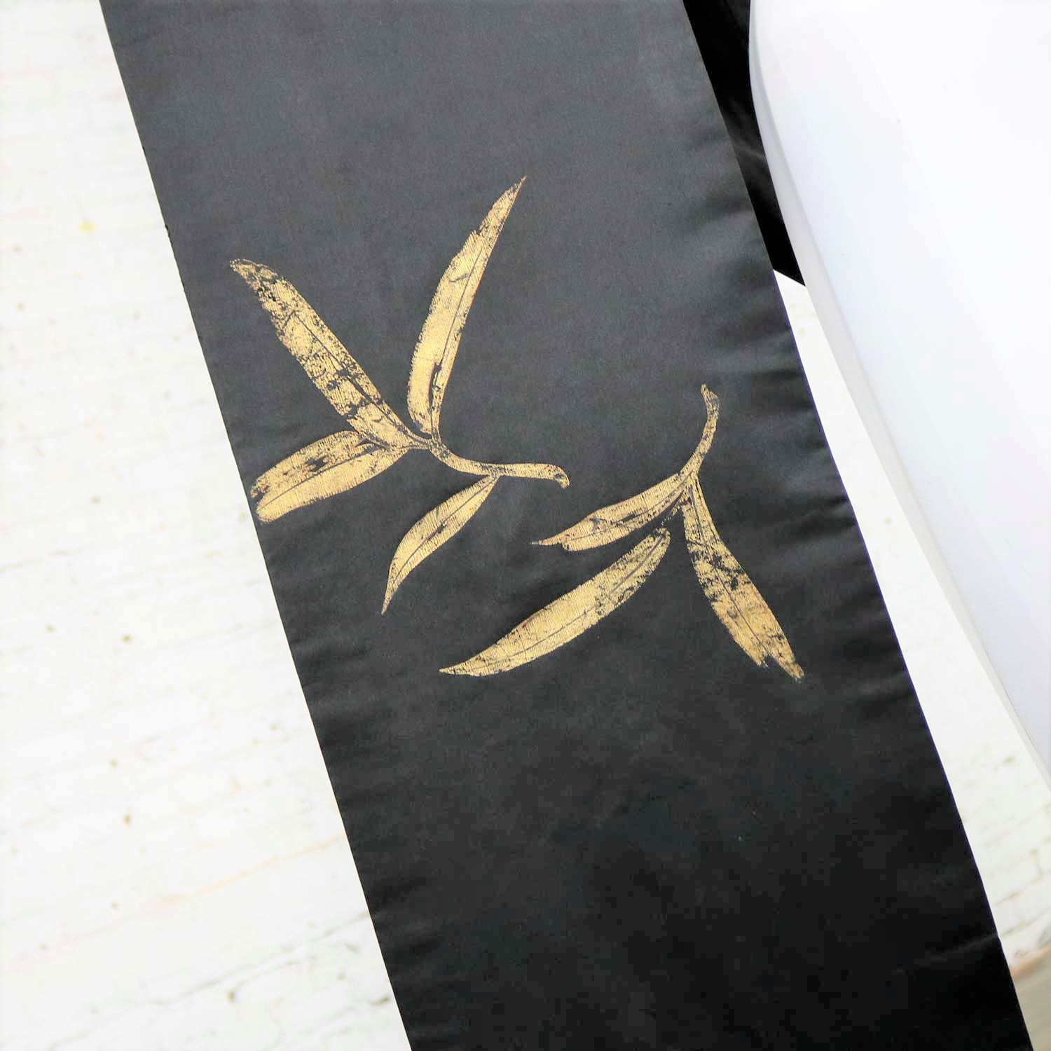 Vintage Black Silk Japanese Obi with Gold Bamboo Hand Painted Design