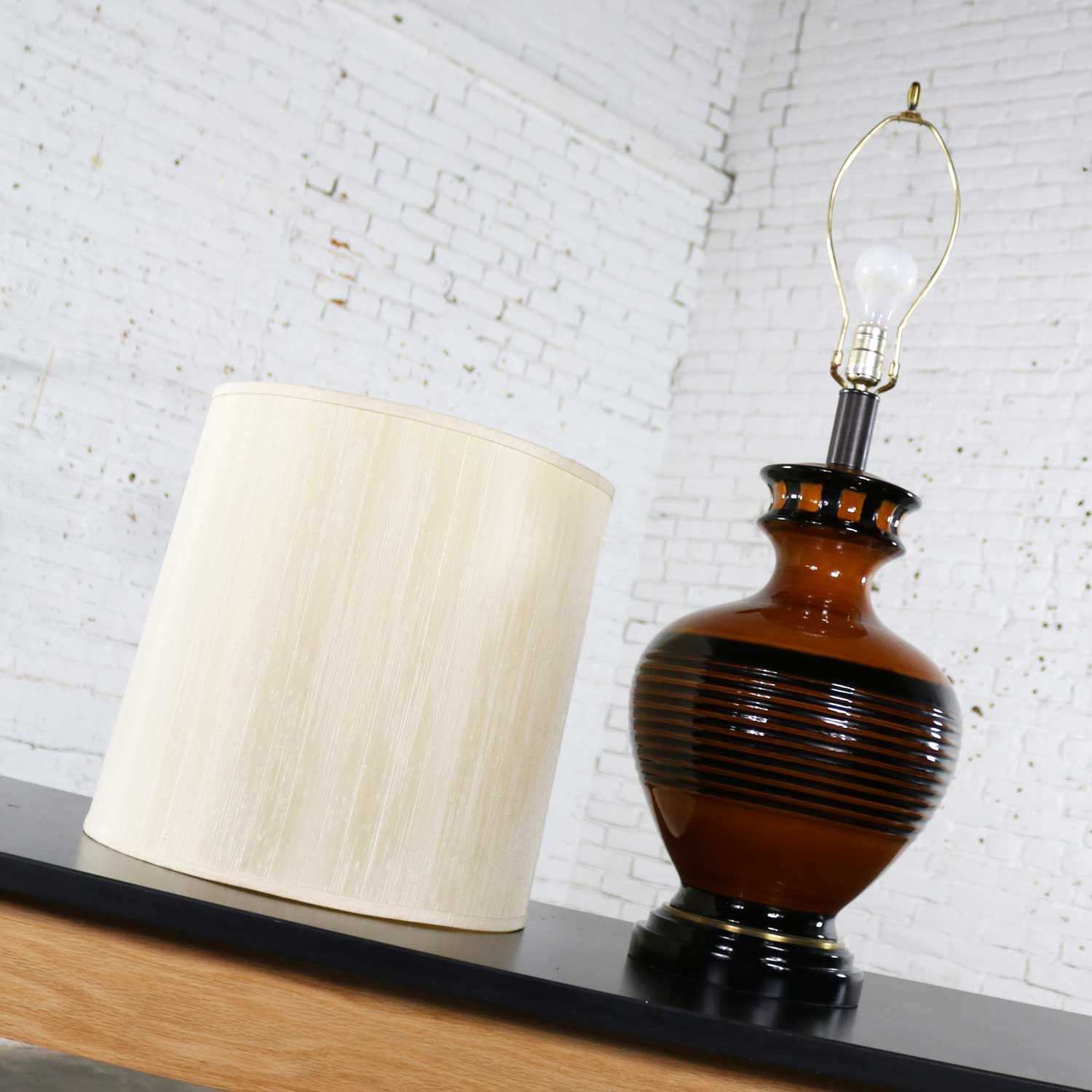 Large Brown and Black Md Century Modern Bulbous Ceramic Lamp