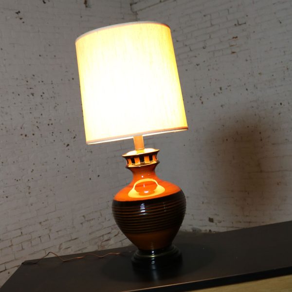 Large Brown and Black Md Century Modern Bulbous Ceramic Lamp