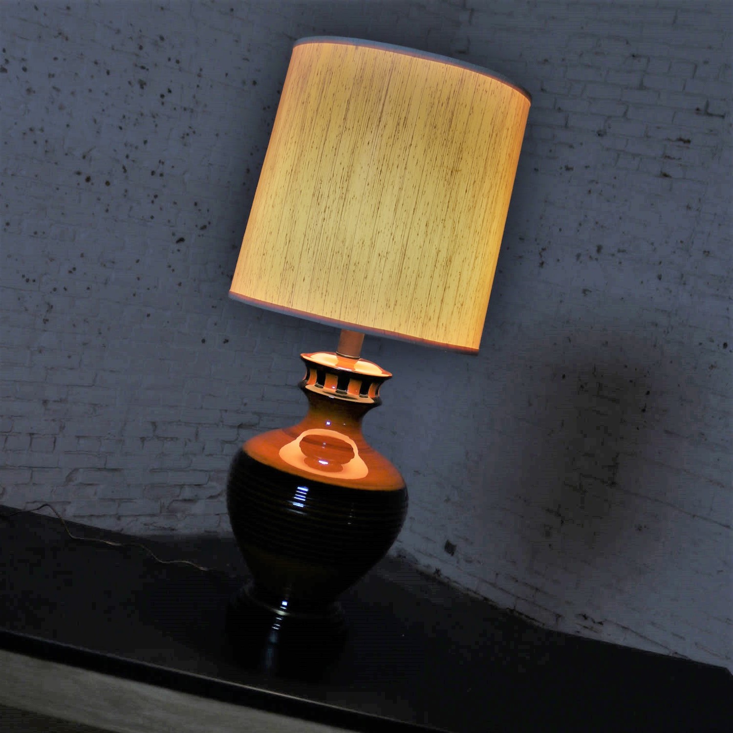 Large Brown and Black Md Century Modern Bulbous Ceramic Lamp