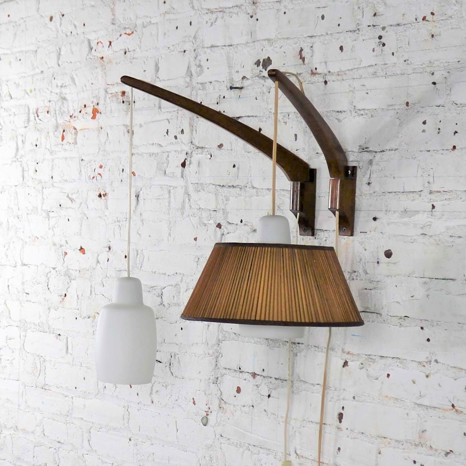 Pair Scandinavian Modern Style Teak & Glass Swing Arm Wall Lights After Uno & Östen Kristiansson