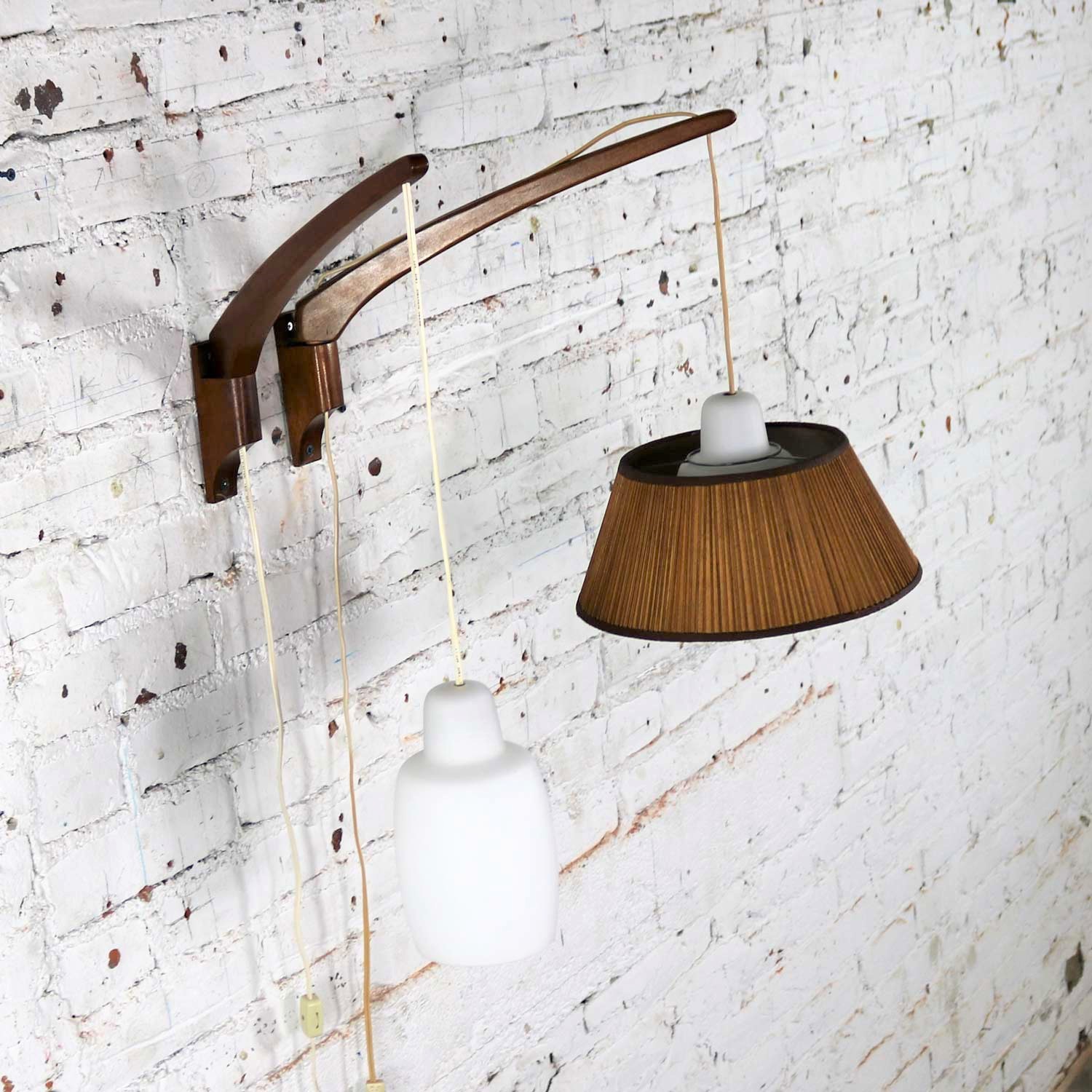 Pair Scandinavian Modern Style Teak & Glass Swing Arm Wall Lights After Uno & Östen Kristiansson