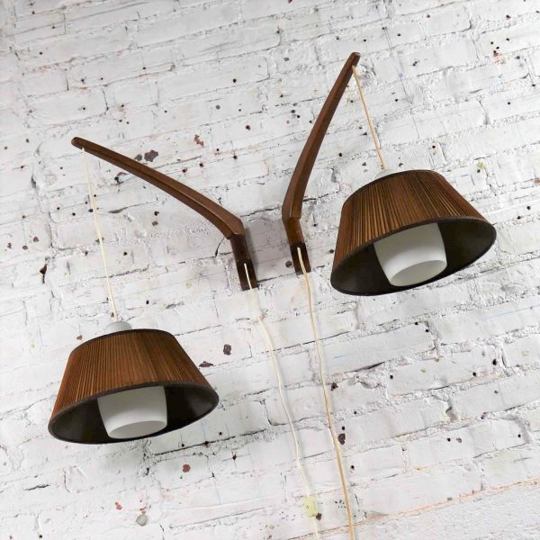 Pair Scandinavian Modern Style Teak & Glass Swing Arm Wall Lights After Uno & Östen Kristiansson