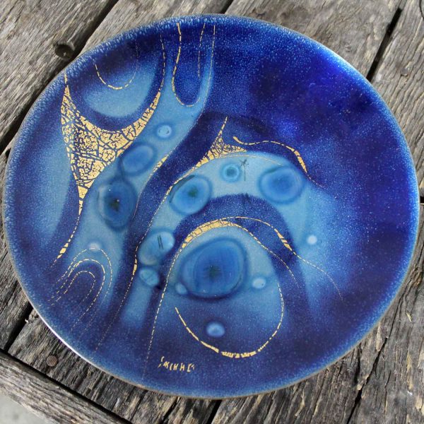 Sascha Brastoff Royal Blue Enamel Plate with Abstract Design Vintage Mid Century Modern