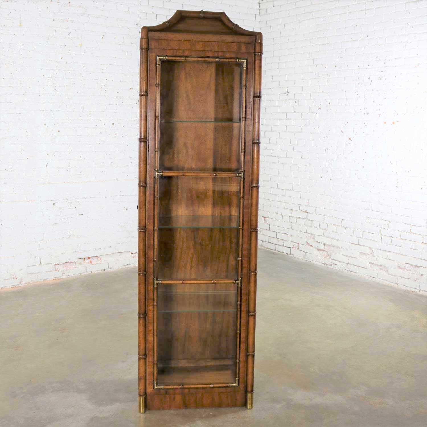 Weiman Hollywood Regency Campaign Style Faux Bamboo Narrow Lighted Display Cabinet