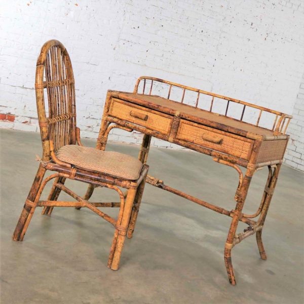 Tortoise Shell Rattan Desk / Vanity Table and Chair Set