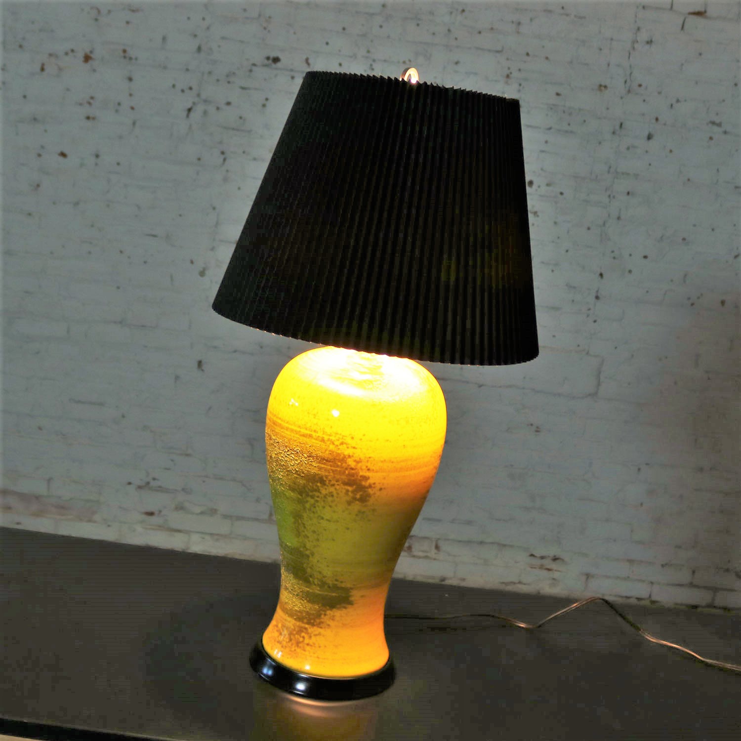 Large Yellow Mid Century Modern Lava Glaze Ceramic Table Lamp with Black Shade