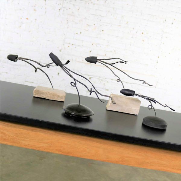 Loligo or Squid Metal Sculptures on Stone and Ceramic Bases by Larry Peters