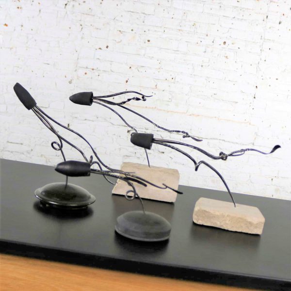Loligo or Squid Metal Sculptures on Stone and Ceramic Bases by Larry Peters