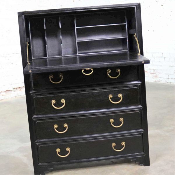 Antique Ebony Asian Drop Front Desk Secretary with Carved Front