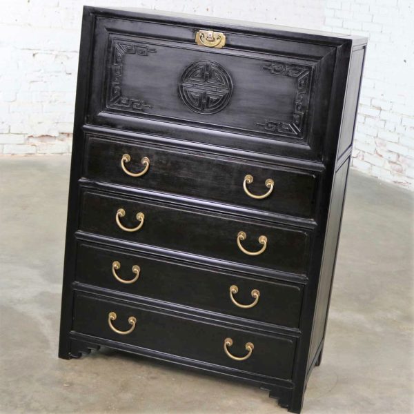 Antique Ebony Asian Drop Front Desk Secretary with Carved Front