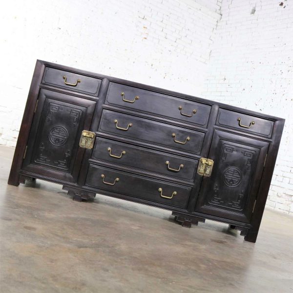 Antique Ebony Asian Buffet Credenza with Square Corner Carved Front