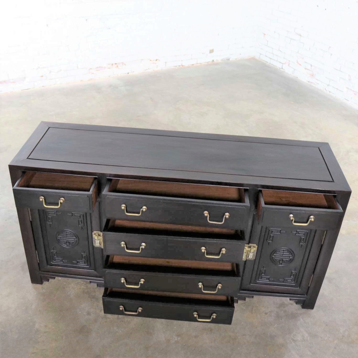 Antique Ebony Asian Buffet Credenza with Square Corner Carved Front