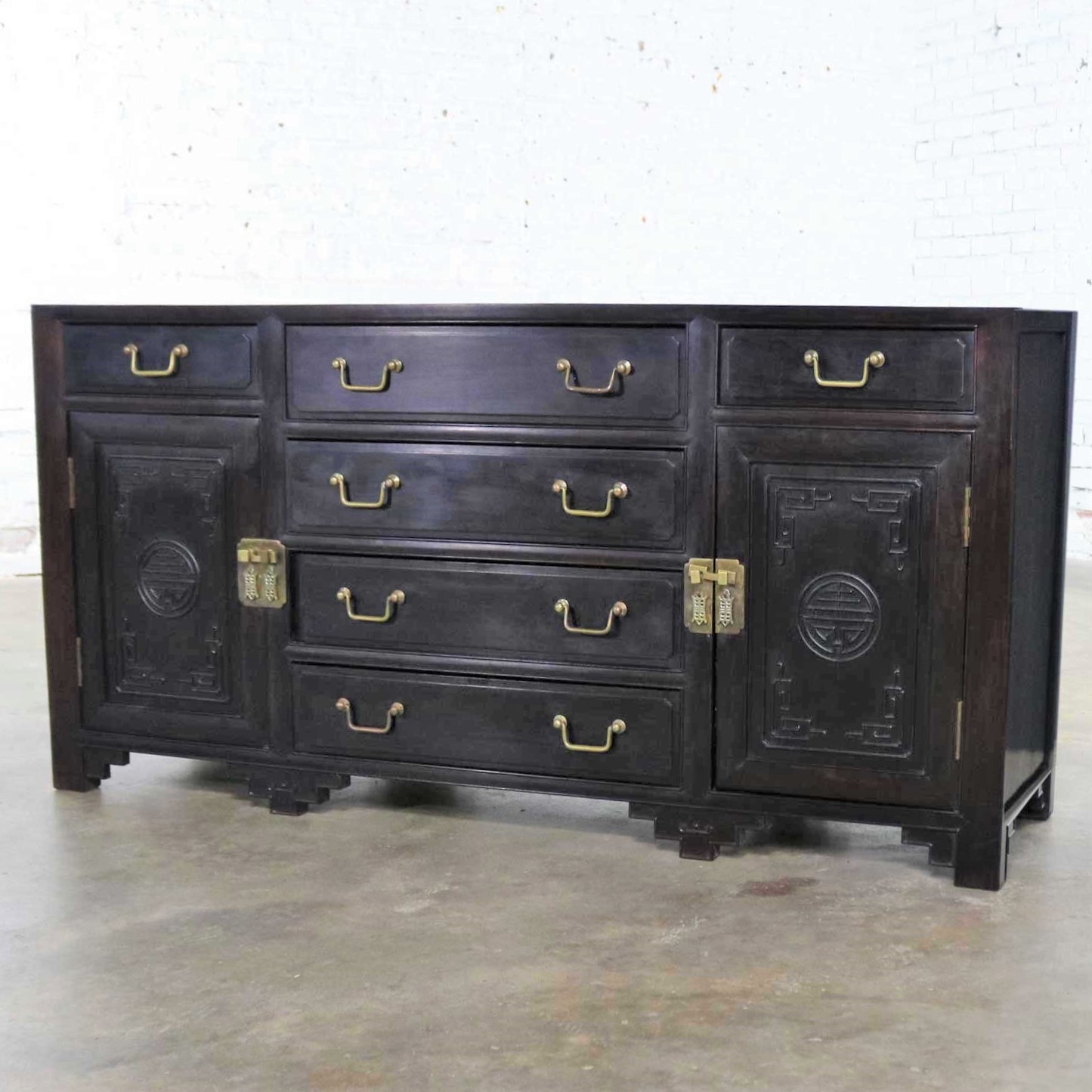 Antique Ebony Asian Buffet Credenza with Square Corner Carved Front