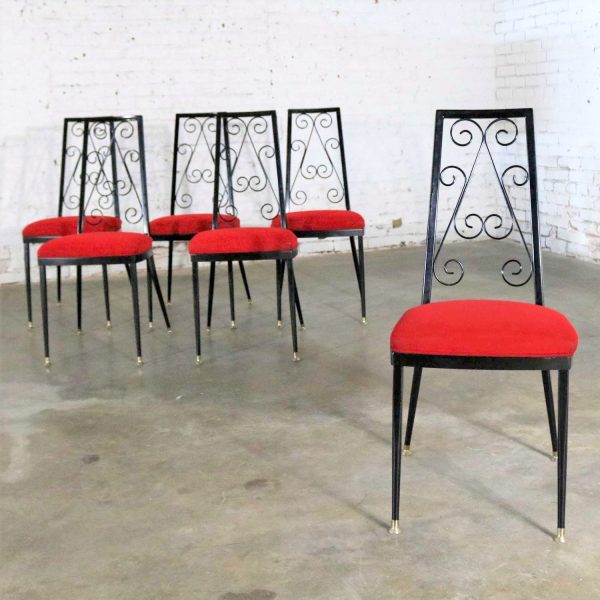 Set 6 Decorables 1967 Selection for Chromcraft Metal Dining Chairs Red and Black