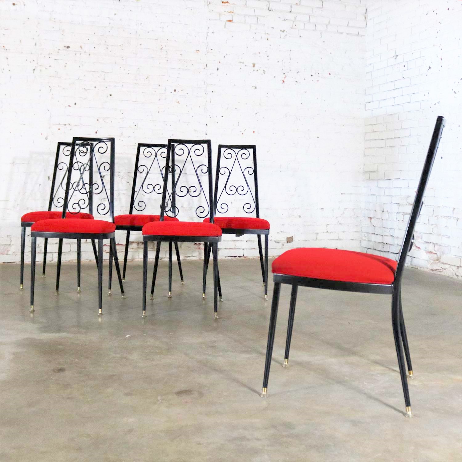 Set 6 Decorables 1967 Selection for Chromcraft Metal Dining Chairs Red and Black