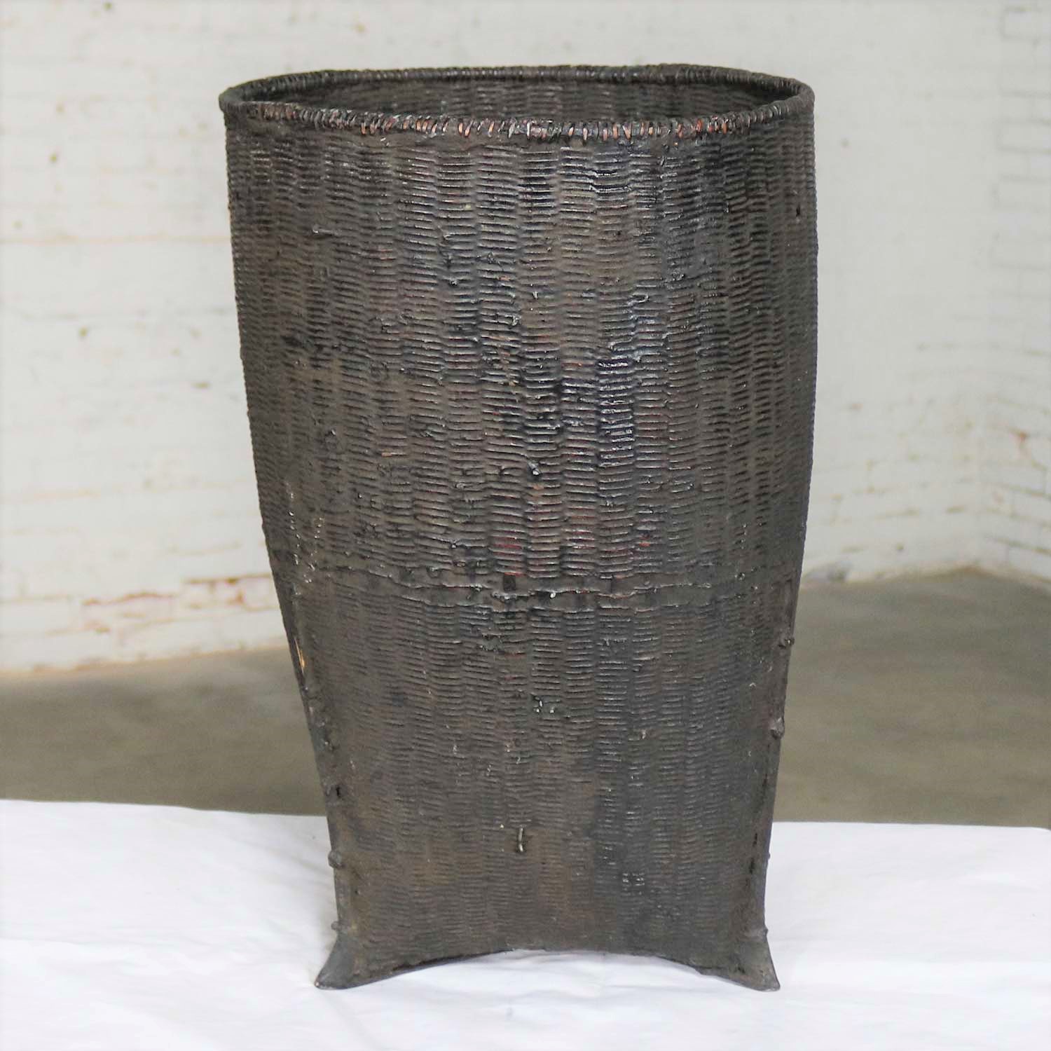 Vintage Tribal Storage Basket of Bamboo Rattan and Wood in Karen of Burma Style