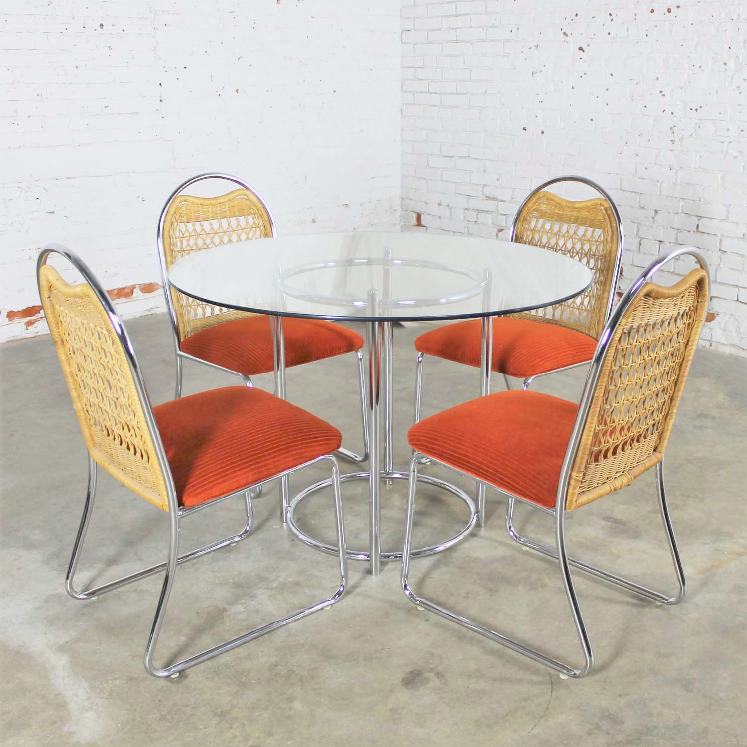 1980 s Modern Daystrom Round Glass and Chrome Dinette Table and Four Chrome and Wicker Chairs