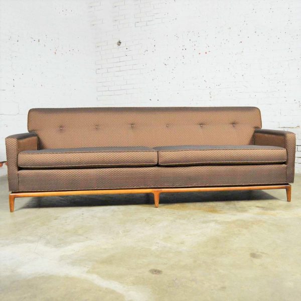 Mid Century Modern Tufted Tight Back Tuxedo Sofa on Walnut Base