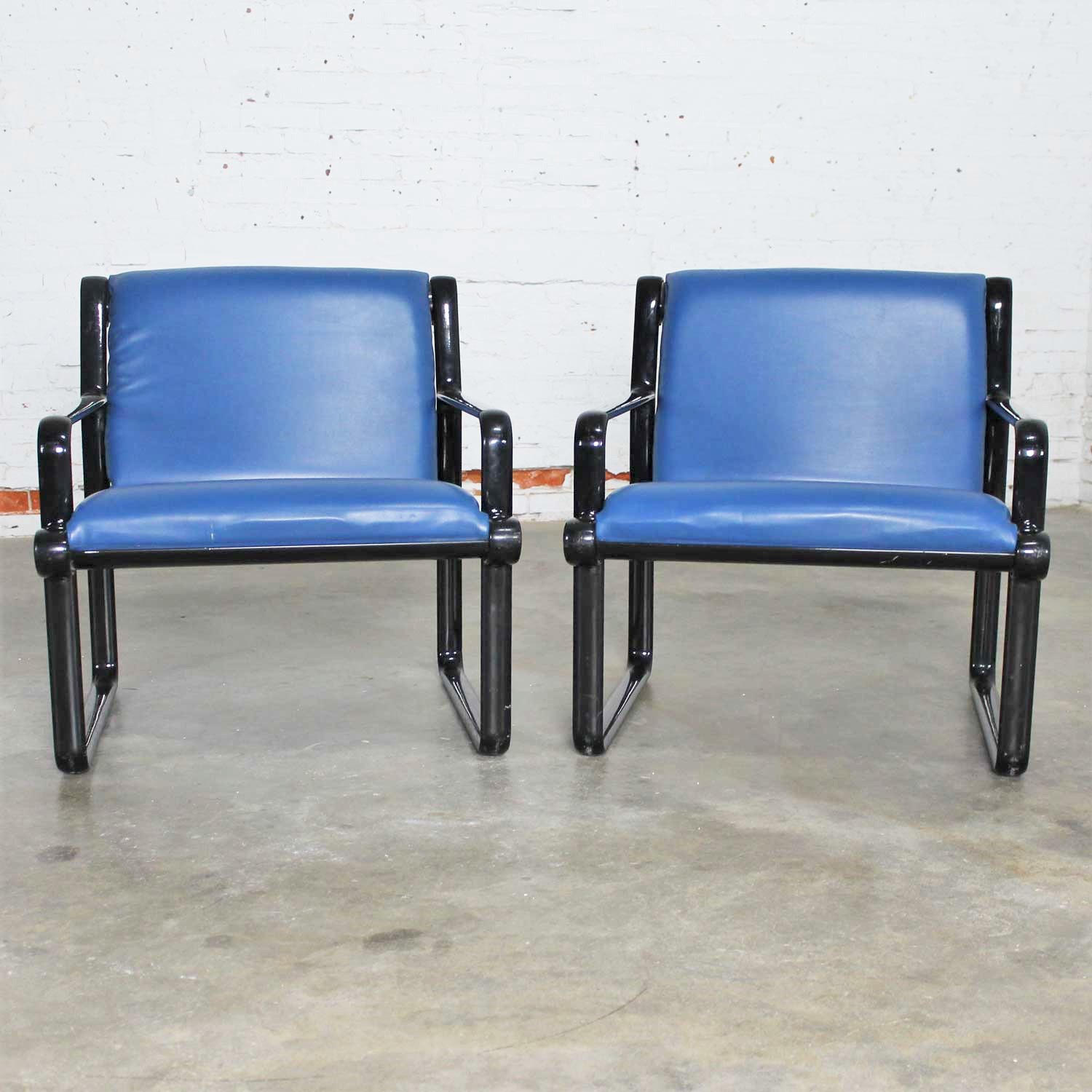 Pair Hannah Morrison for Knoll Sling Arm Chairs in Black and Blue