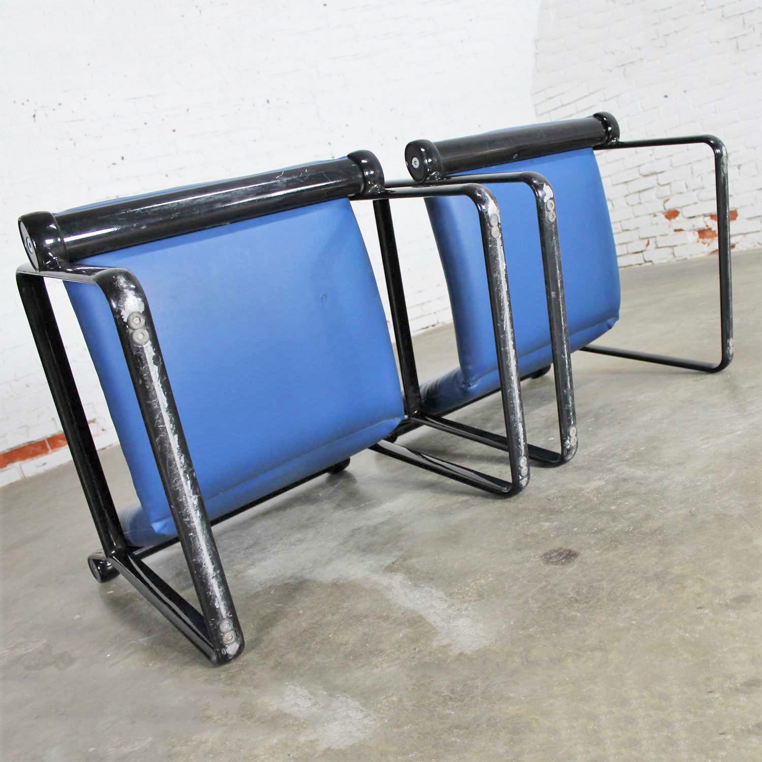 Pair Hannah Morrison for Knoll Sling Arm Chairs in Black and Blue
