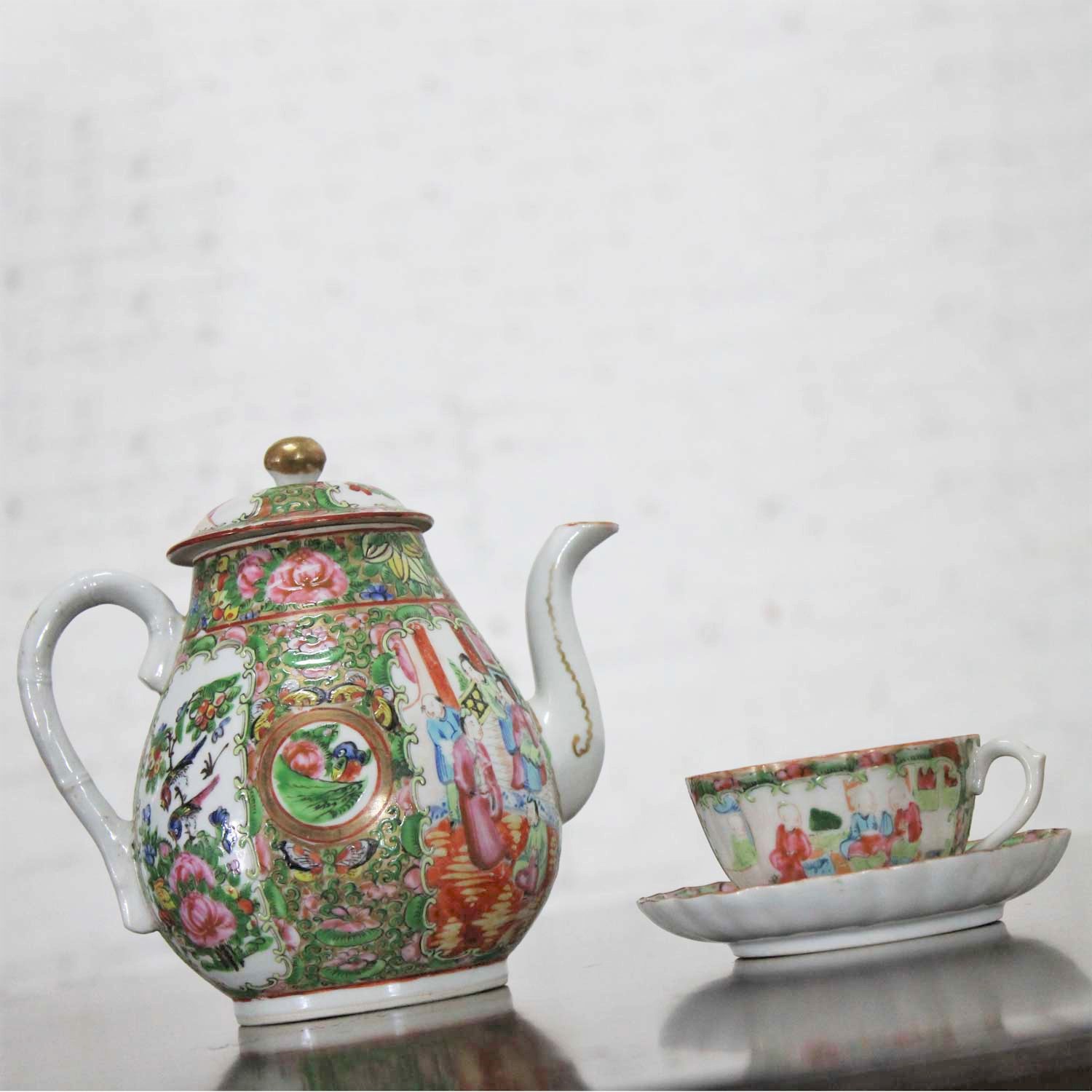 Antique Chinese Qing Rose Medallion Porcelain Teapot with Single Teacup and Saucer