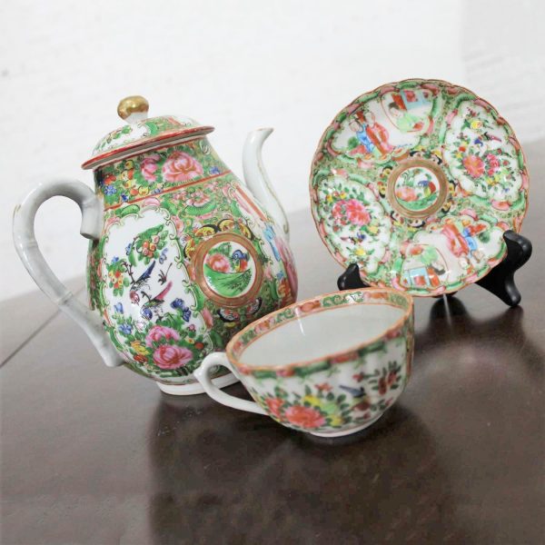 Antique Chinese Qing Rose Medallion Porcelain Teapot with Single Teacup and Saucer