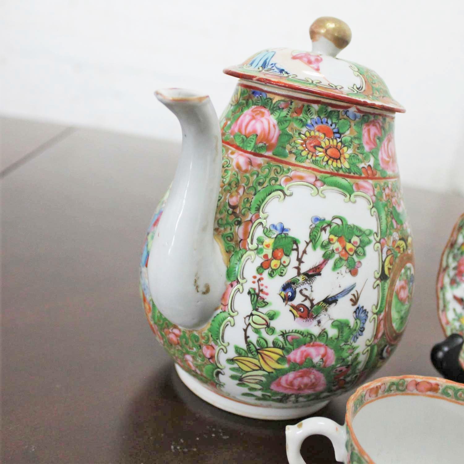 Antique Chinese Qing Rose Medallion Porcelain Teapot with Single Teacup and Saucer
