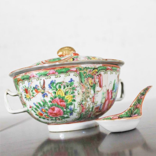 Antique Chinese Qing Rose Medallion Porcelain Covered Double Handled Bowl and Spoon