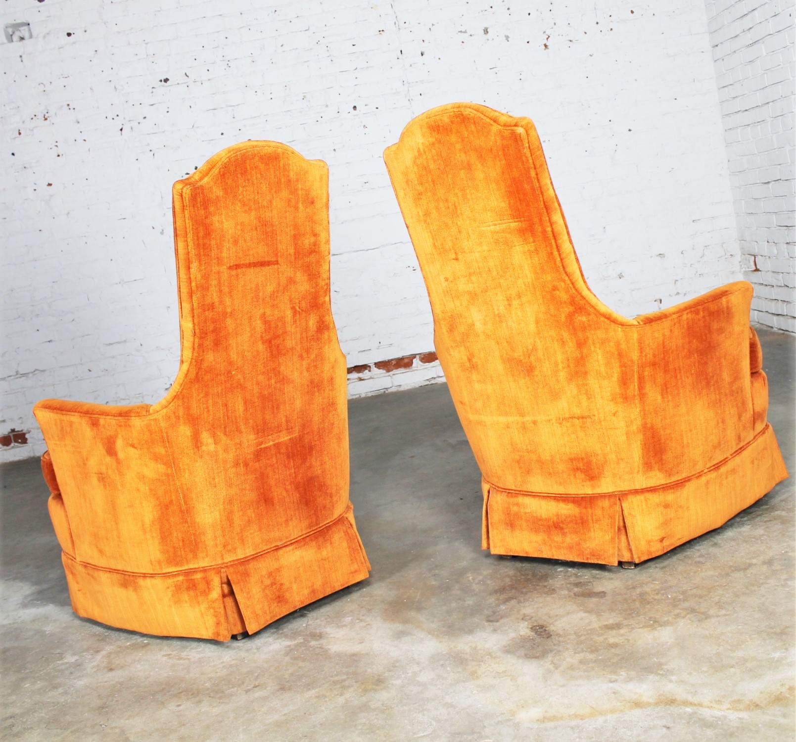 Vintage Hollywood Regency Orange Velvet High Back Pair of Chairs by Perfection Furniture