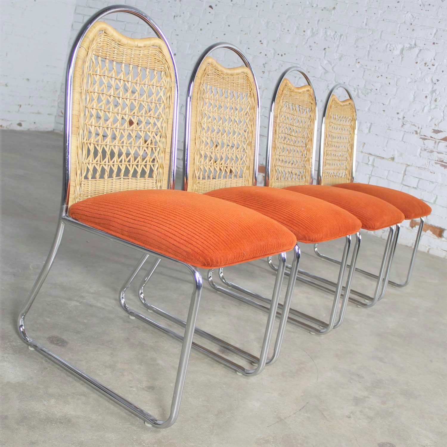 SL-Mid Century Daystrom Round Glass and Chrome Dinette Table and Four Chrome and Wicker Chairs