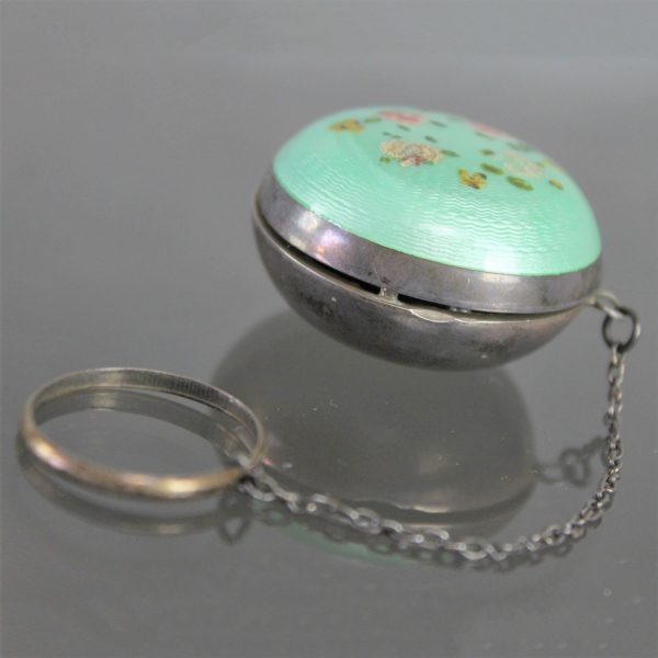 Art Deco Turquoise Guilloche & Sterling Chatelaine Tiny Ring Compact with Hand Painted Flower Design