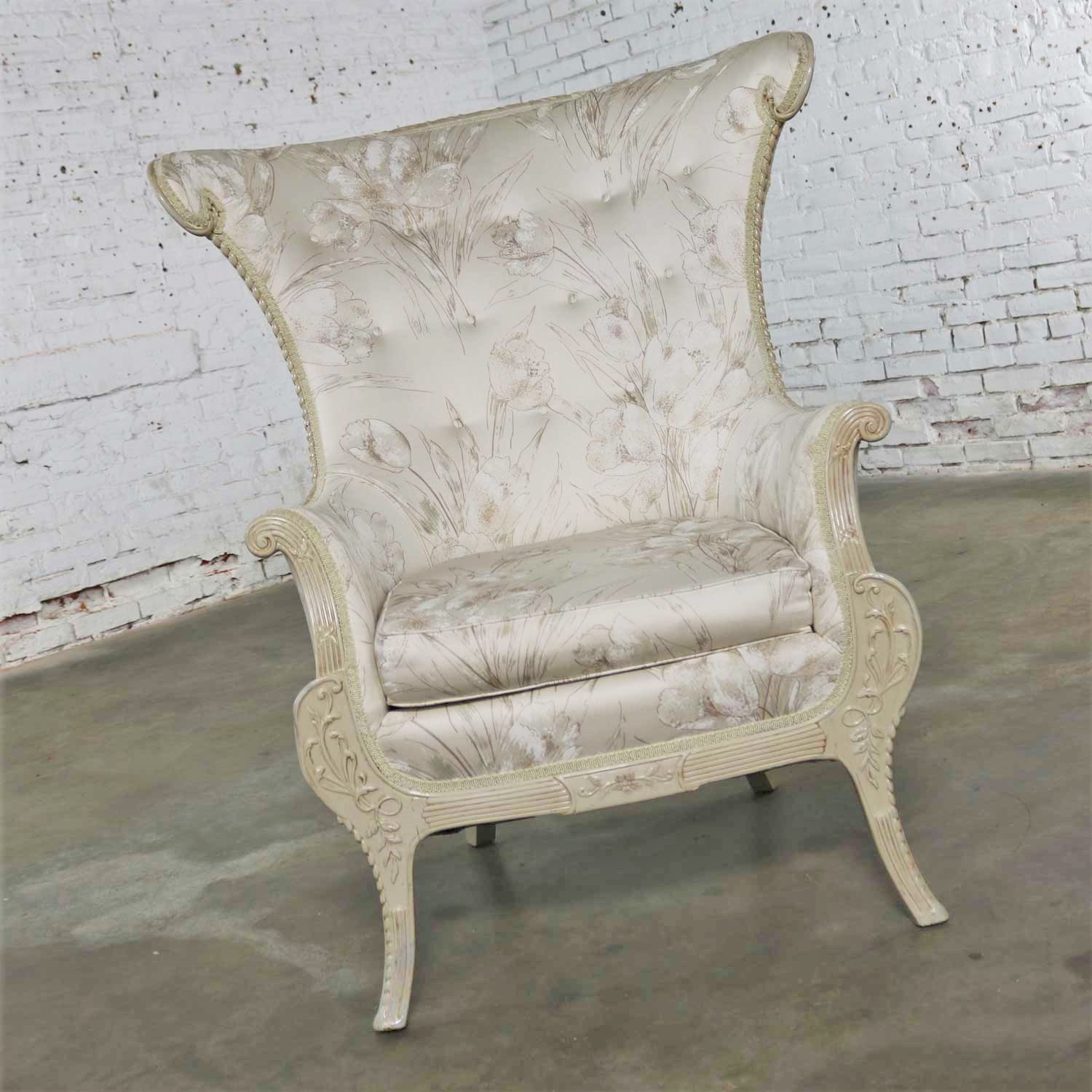 Neoclassic French Style Large Wingback Lounge Chair in Antique White