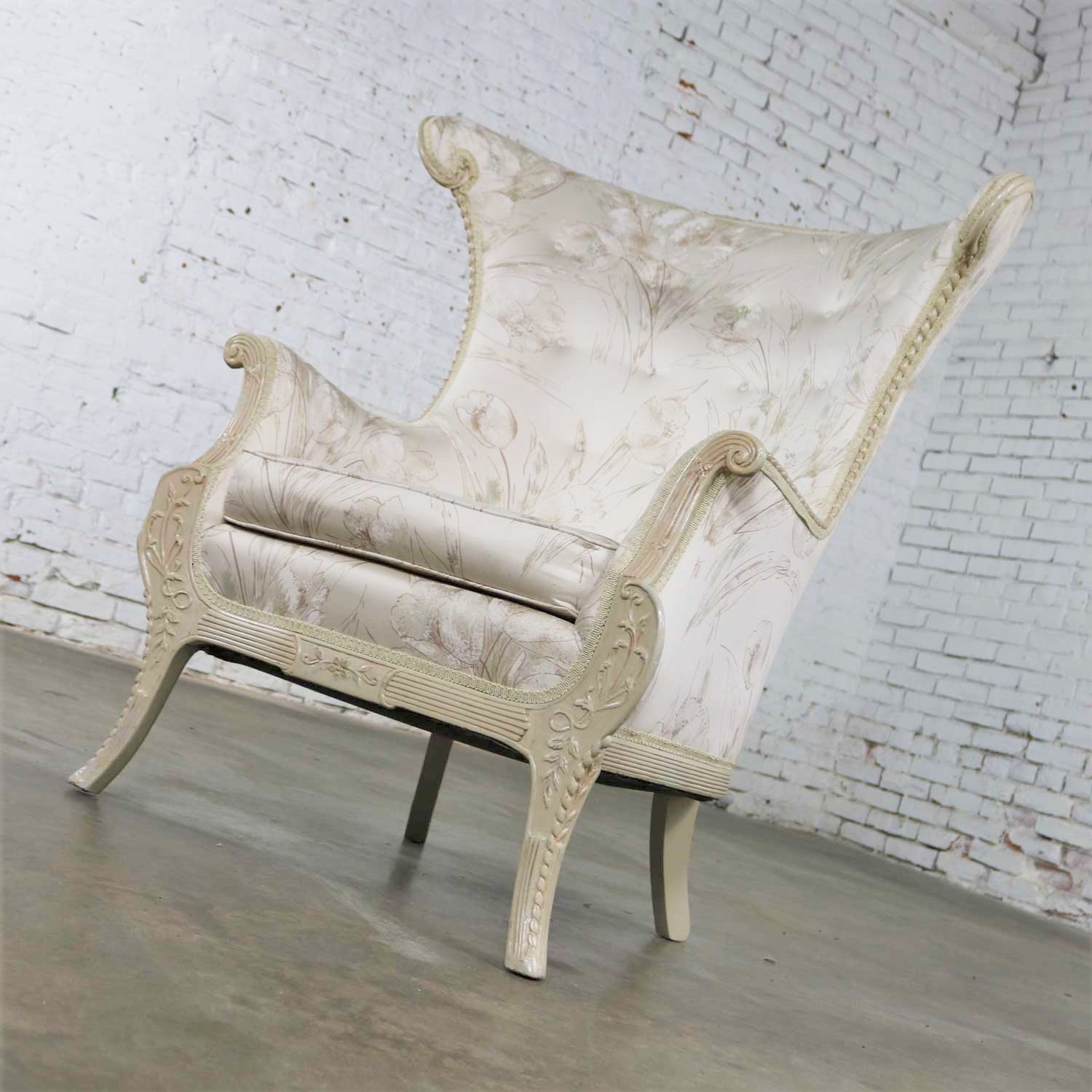 Neoclassic French Style Large Wingback Lounge Chair in Antique White