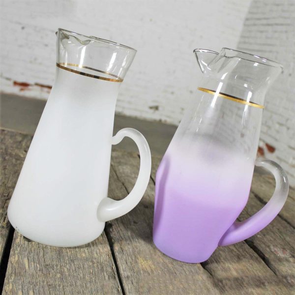 Blendo Cocktail Pitchers One White One Lavender West Virginia Glass Vintage Mid Century