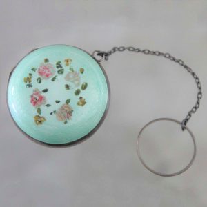 Art Deco Turquoise Guilloche & Sterling Chatelaine Tiny Ring Compact with Hand Painted Flower Design