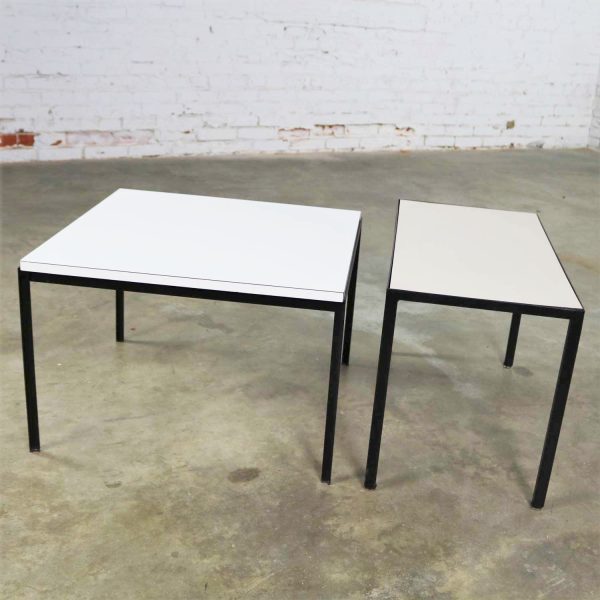 Miss Matched Mid Century Modern Black Wrought Iron Side Tables with Laminate Tops