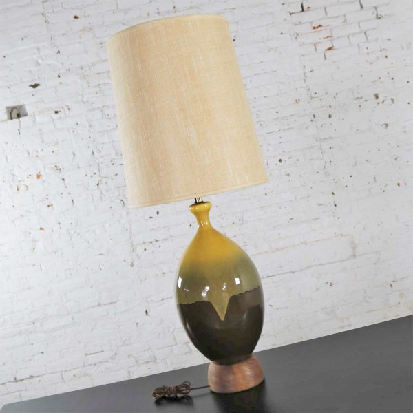 Large Mid Century Modern Ceramic Table Lamp with Brown and Golden Yellow Drip Glaze