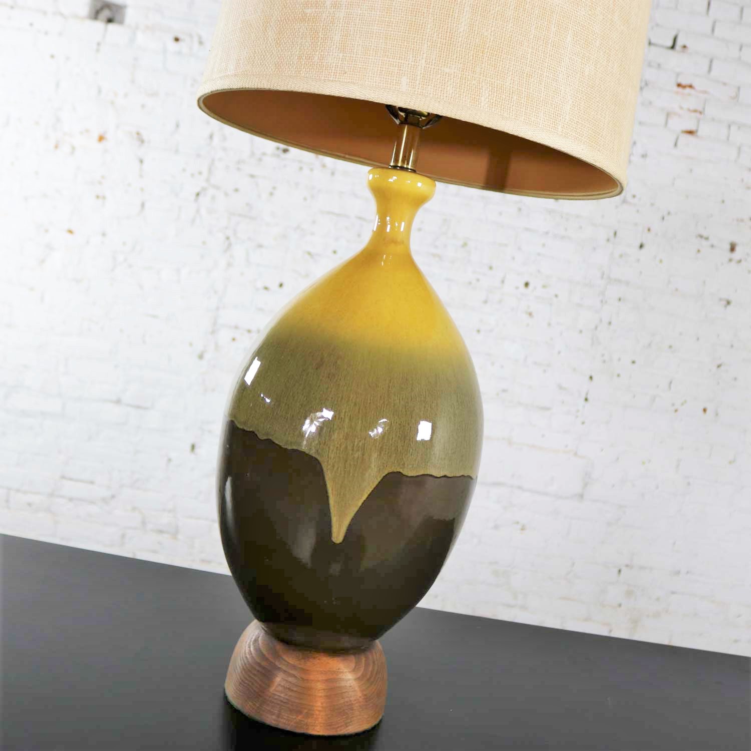 Large Mid Century Modern Ceramic Table Lamp with Brown and Golden Yellow Drip Glaze