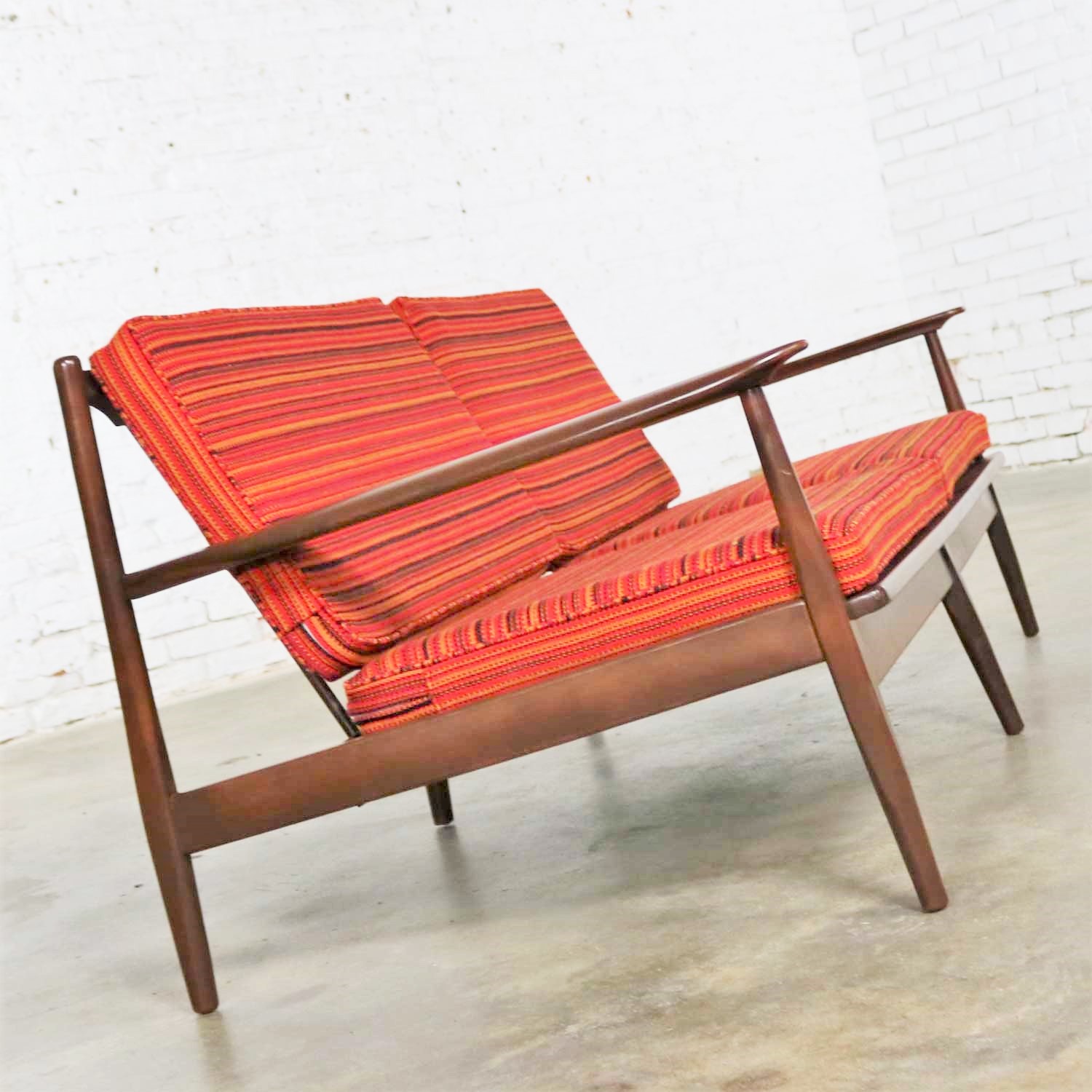 Vintage Danish or Scandinavian Modern Loose Cushion Sofa New Red Stripe Upholstery