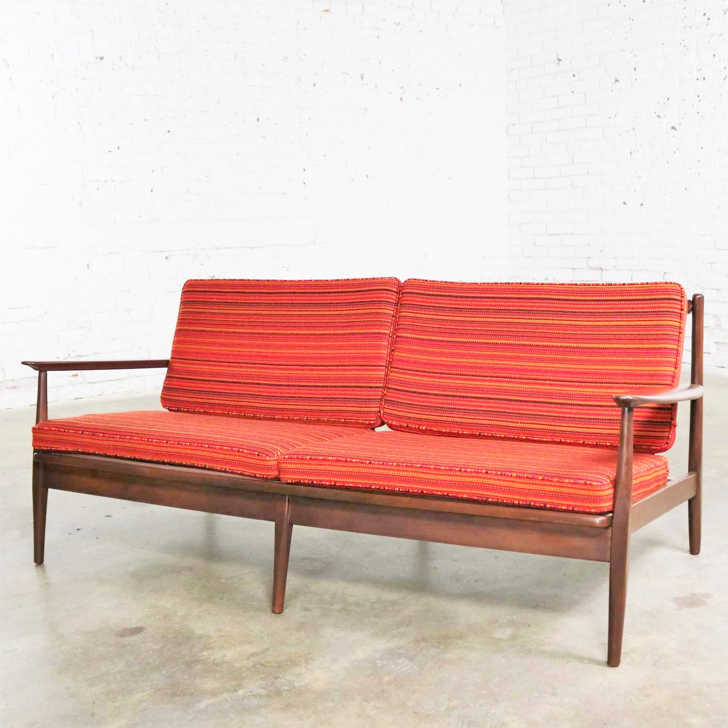 Vintage Danish or Scandinavian Modern Loose Cushion Sofa New Red Stripe Upholstery