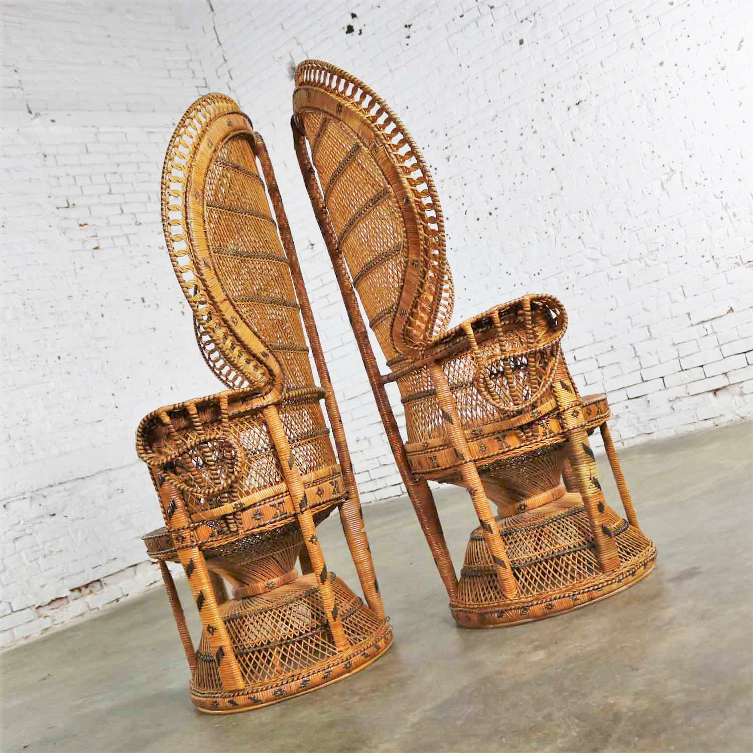 Pair of Wicker Rattan Peacock Fan Back Chairs Vintage Bohemian