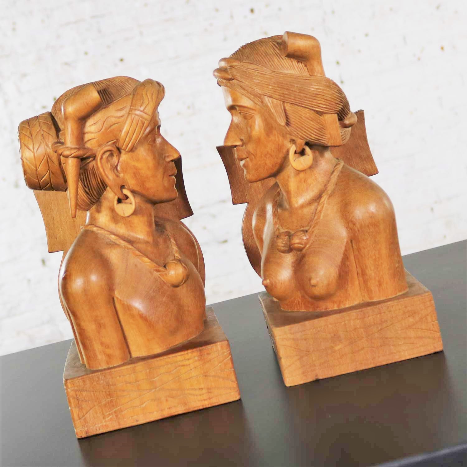 Pair Hand Carved Wood Tribal Figural Male and Female Bookends