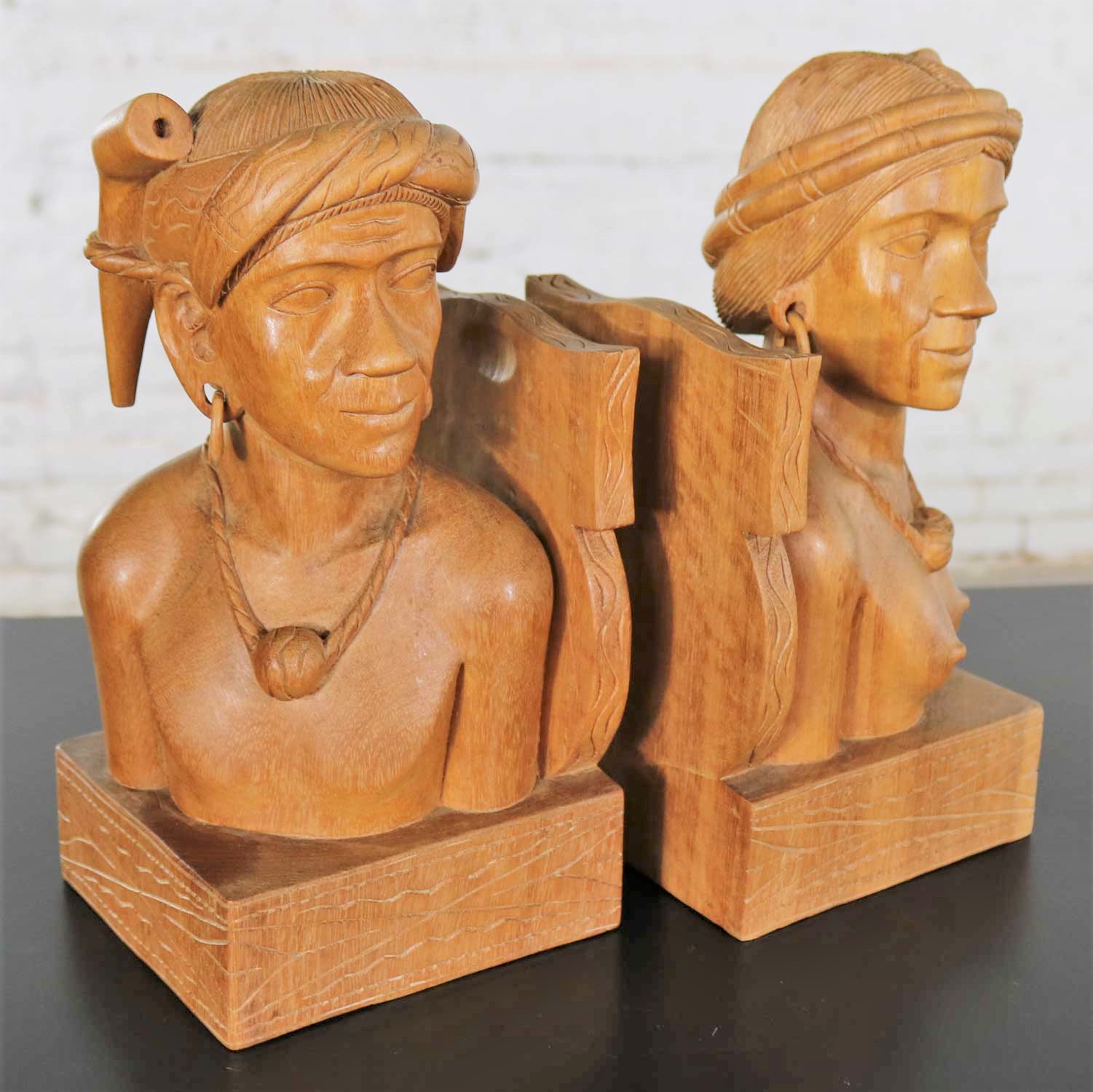 Pair Hand Carved Wood Tribal Figural Male and Female Bookends